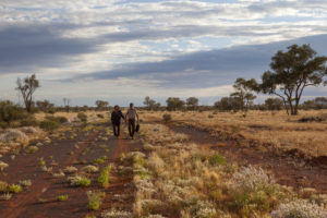Ashley and Lyndee Severin walking in the grassland plains of Curtin Springs Station