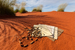 Curtin Springs Paper laid out on the red sand with pieces of artisan jewllery made from the paper