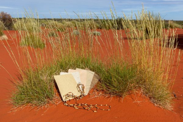 Curtin Springs Paper laid out on the red sand with pieces of artisan jewllery made from the paper